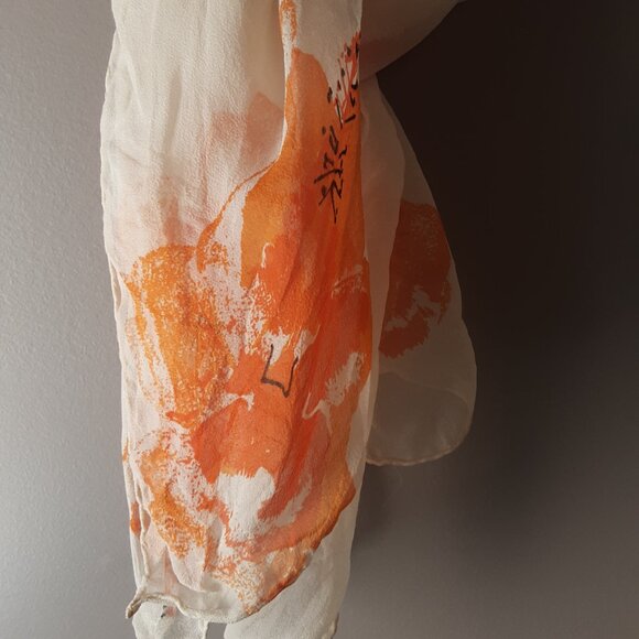 Gorgeous Silk Floral Oblong Scarf Cream with Orange and Yellow - Picture 8 of 9